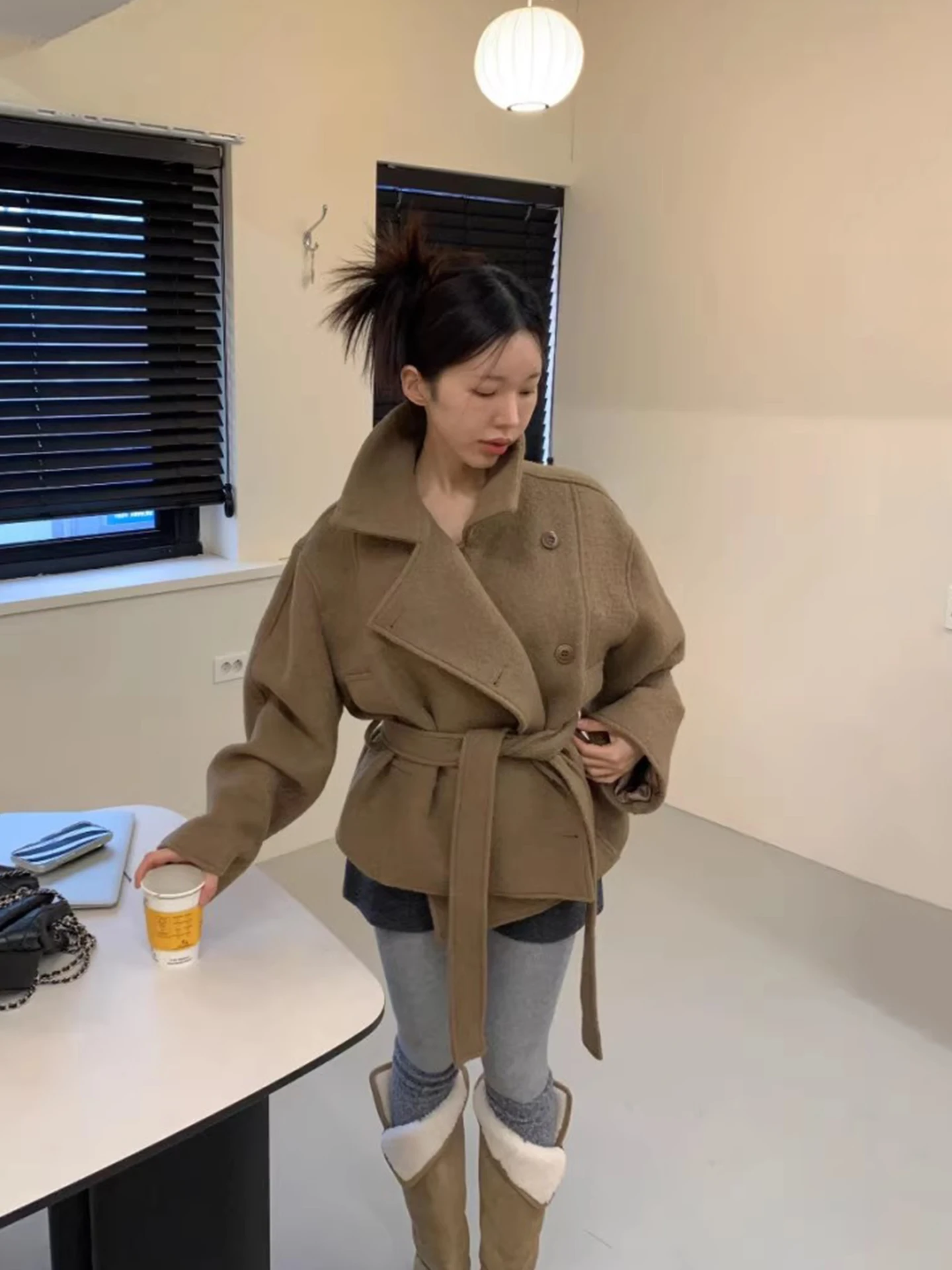 

Retro Tie Waist ort Woolen Coat Women's Faion Winter Coat Long Sve Stand Collar Single Button Closure Versatile Outerwear