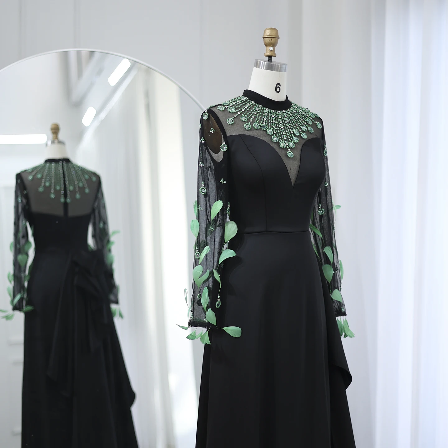 Sharon Said Luxury Dubai Emerald Green Feathers Black Evening Dress Long Sleeves Arabia Women Formal Party Gown SS457 Customized
