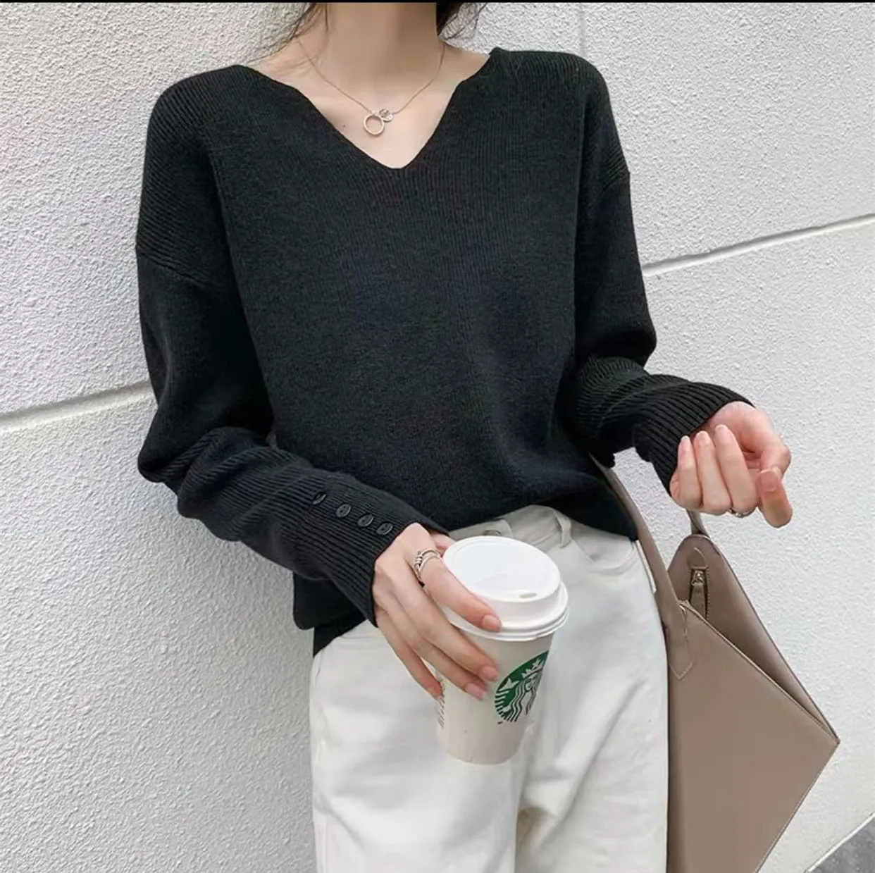 Primavera 2025 moda mujer Color sólido suelto Casual moda cuello pico manga larga suéter tejido jerseys ropa femenina camisetas