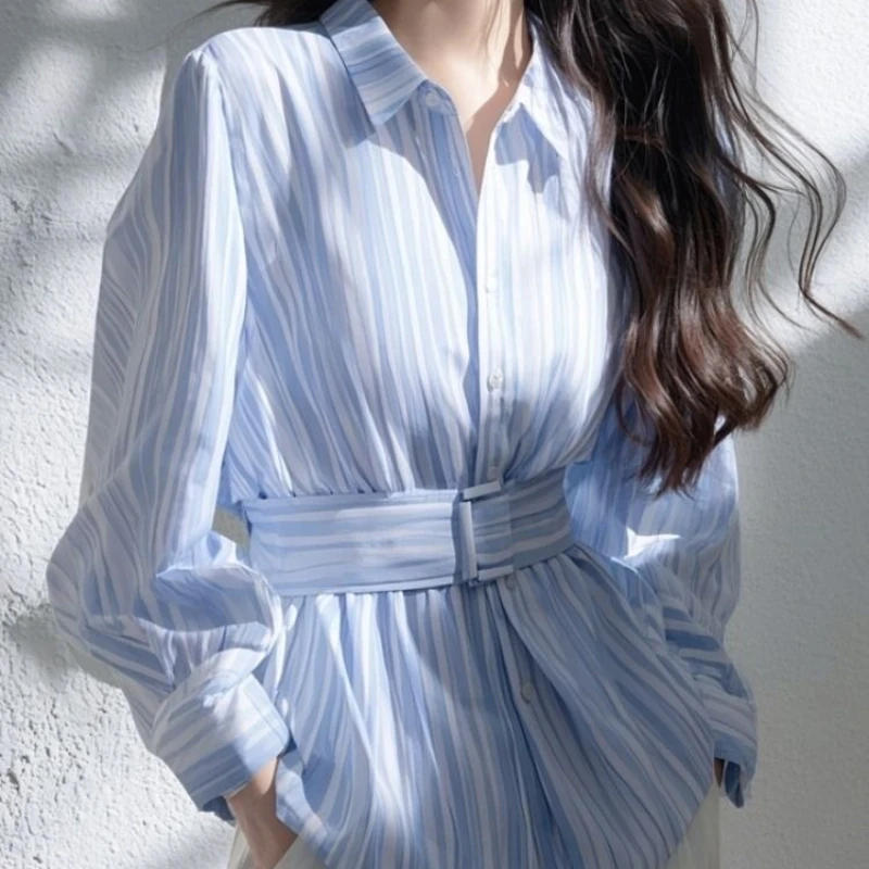 

Элегантная синяя полосатая рубашка, облегающая рубашка с длинным рукавом, красивая женская весенне-осенняя новая стильная повседневная свободная рубашка с воротником-поло TT1130