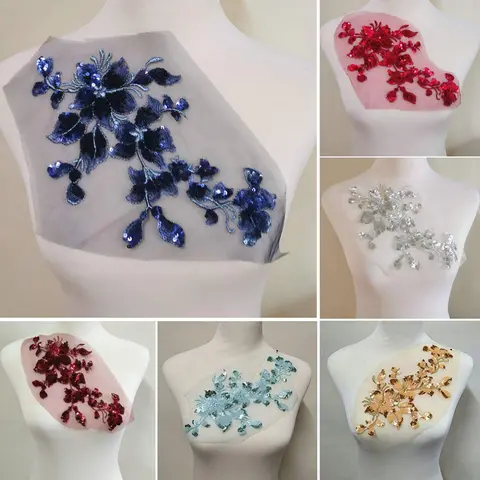 1Pc Colorful Flower Embroidery Patch Sequin Sew On Clothing Embroidered Appliques 28*16cm