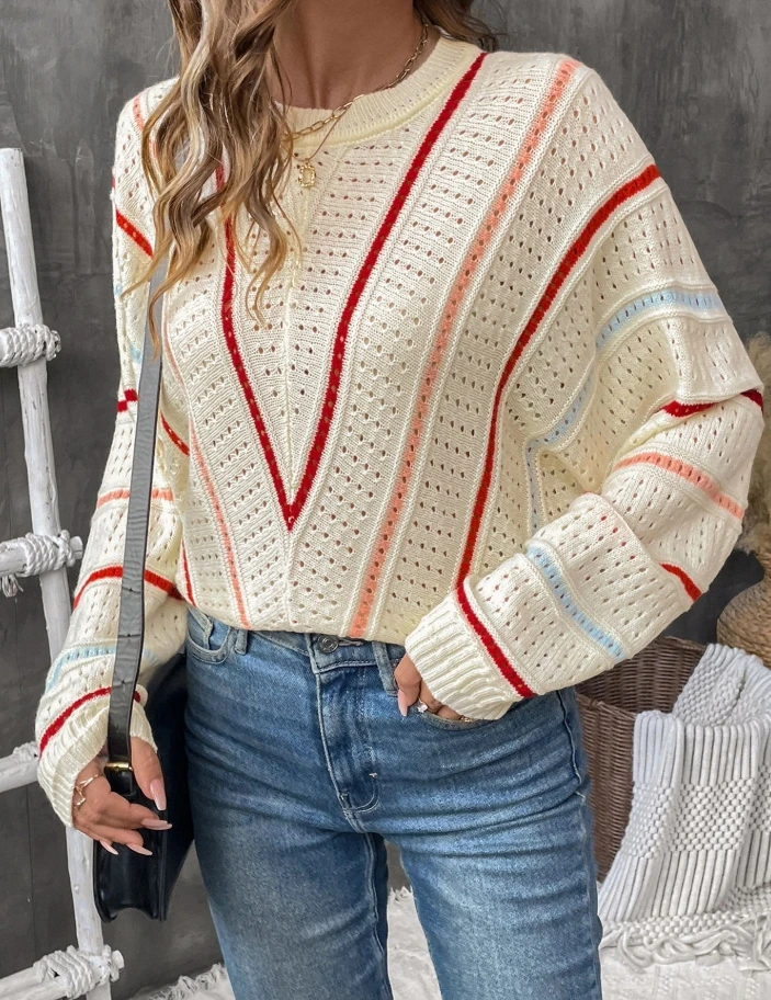 Colorful Striped Round Neck Knit Sweater for Women 2025 Winter Spring New Fashion Casual Female Clothing Pullover Women