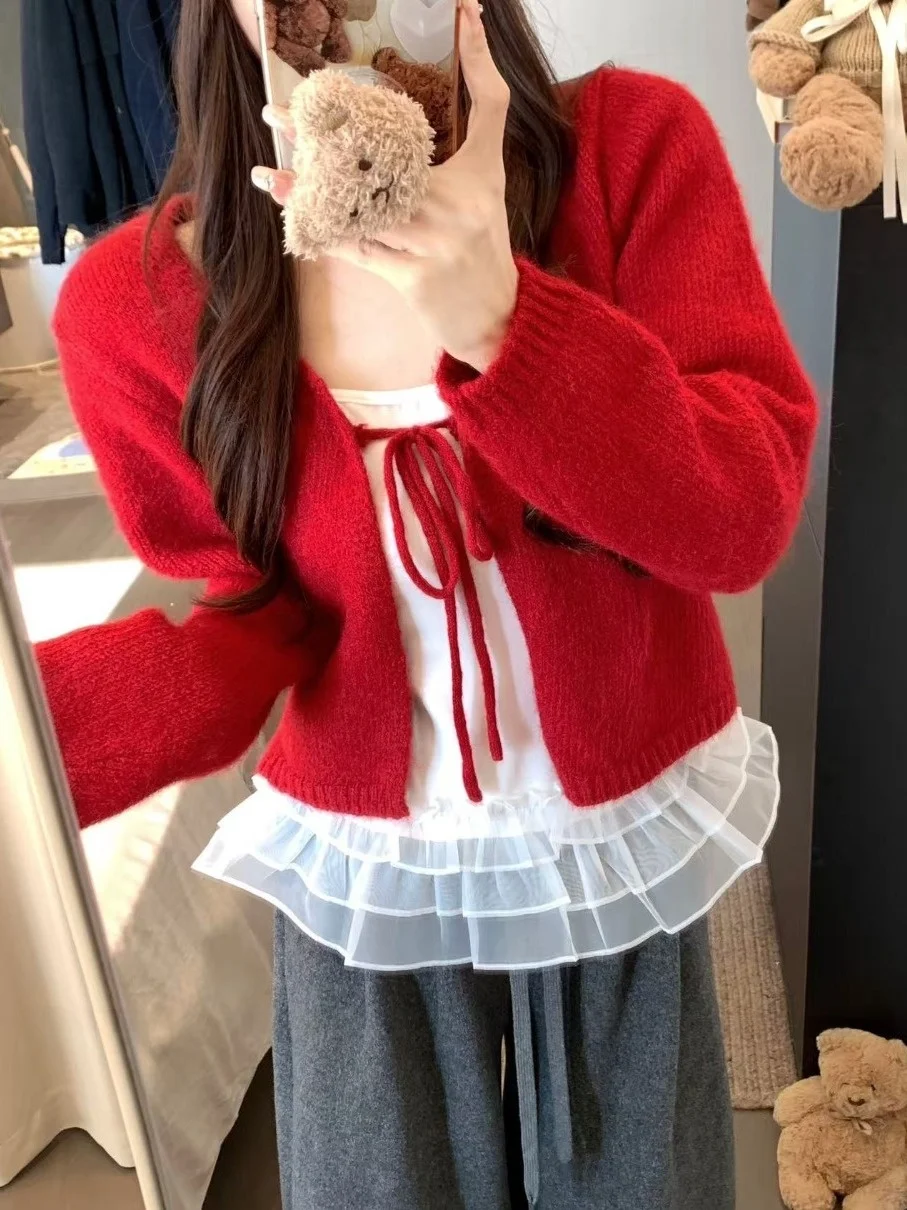 

Корейский милый кардиган-накидка в стиле тай-дай, длинный вязаный кардиган, женский комплект для ранней весны, новая майка с оборками