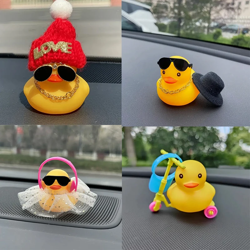 Car Rubber Duck, Yellow Duck Decoration Dashboard with Sun Hat Swim Ring Necklace