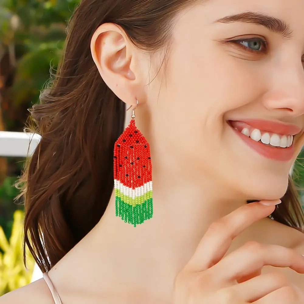 Bohemian Style Beaded Tassel Earrings Handmade Colorful Dangle Drop Earrings Watermelon Fruit Cute Tiny Beads Jewelry Vacation