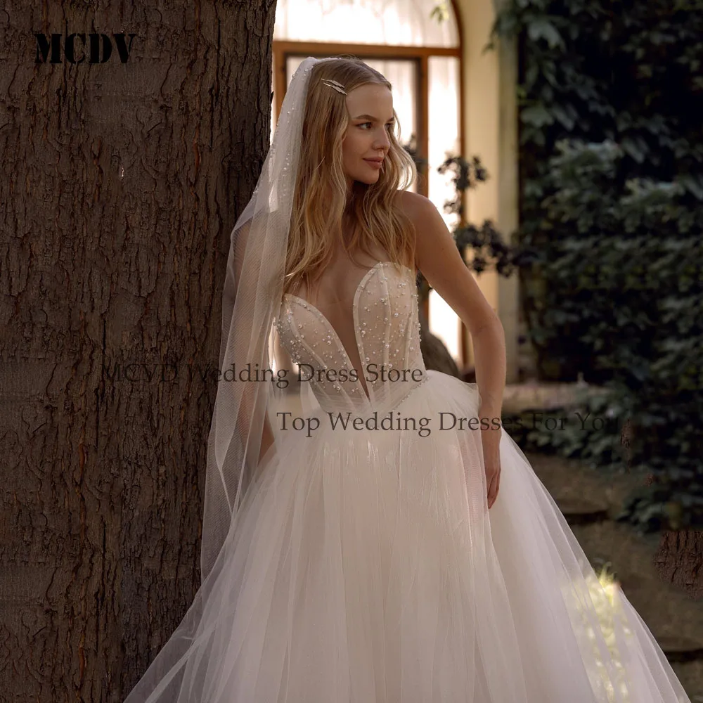 MCDV Customized Elegant Beaded Lace Wedding Dress Strapless Lace Up A-Line vestidos de novia	Sweep Train Bride Gowns Sleeveless