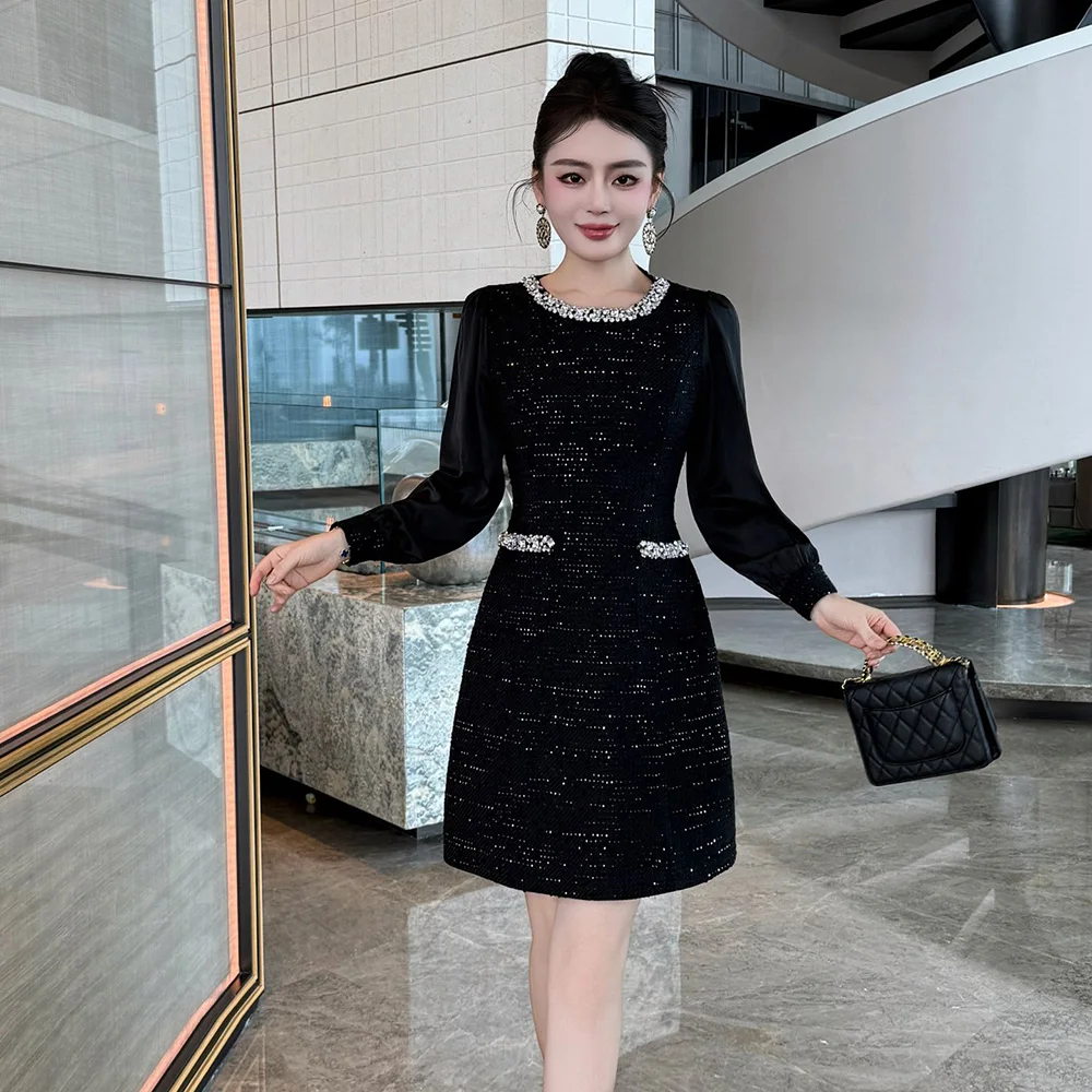 ZJYT فساتين تويد فاخرة مرصعة بالألماس للنساء لخريف 2025 موضة كم طويل عتيقة فوق الركبة فستان حفلات غير رسمي ملابس نسائية