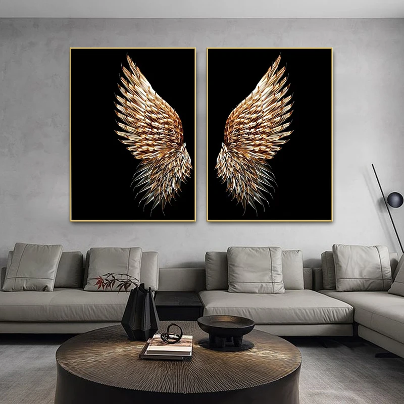 

A Pair of Golden Wings Posters Luxury Art Canvas Painting Modern Angel Wings Wall Art Pictures for Modern Living Room Decoration