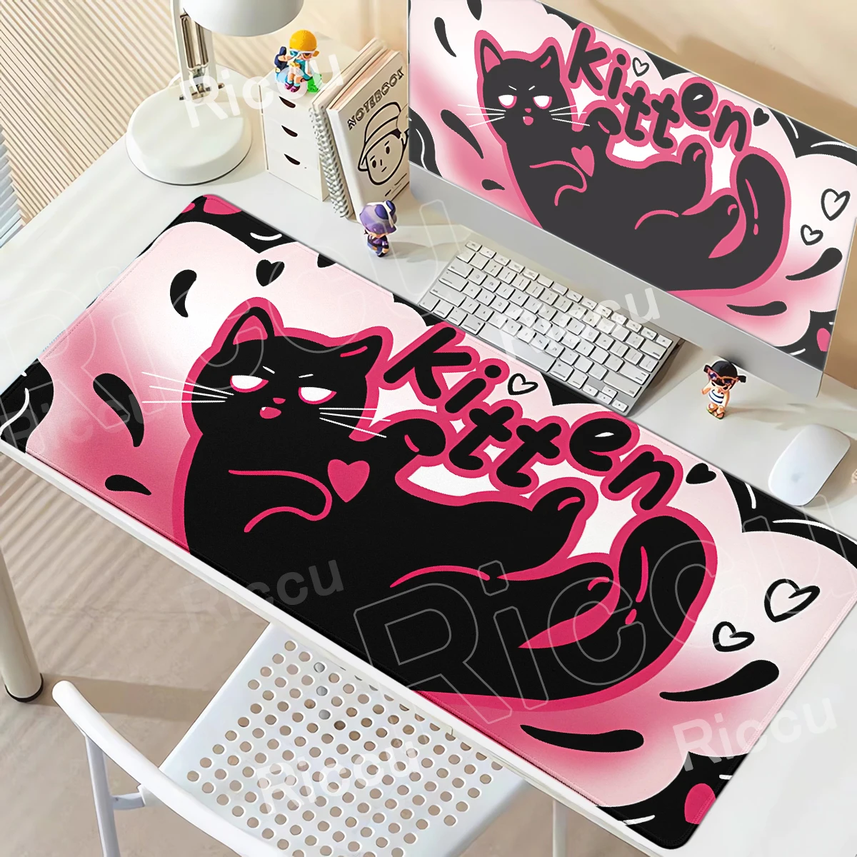 Süßes Katzen-Mauspad, Kawaii, schwarzes Kätzchen, Mauspad, großes Spiel, Tastaturmatte, XXL, Computerzubehör, Büro, PC, Tischunterlage, Teppichmatten