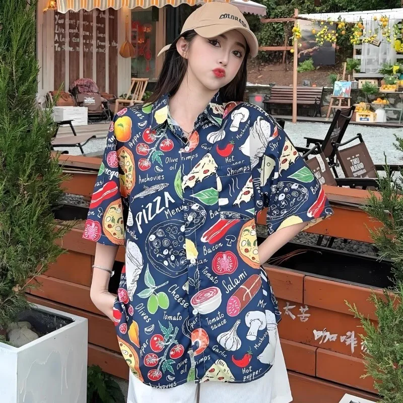 

Summer New Designed New Pizza Food Printing Top Vintage Style Blouse Women Beach Hawaiian Button Shirts Street Fashion Clothes