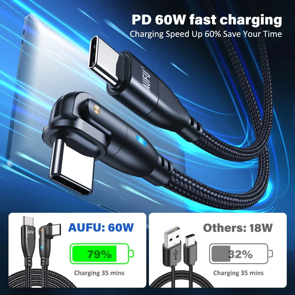 AUFU 100W USB C Cable 5A PD Fast Charging Charger Wire Cord for Macbook iPad Samsung Xiaomi 180 Rotate USB to Type-C Cable 3M