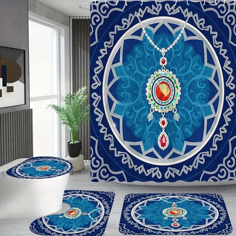 

4 шт. элегантный синий и золотой комплект занавесок для душа с цветочным узором и 12 крючками, водонепроницаемый полиэстер, декоративный дизайн ювелирных изделий