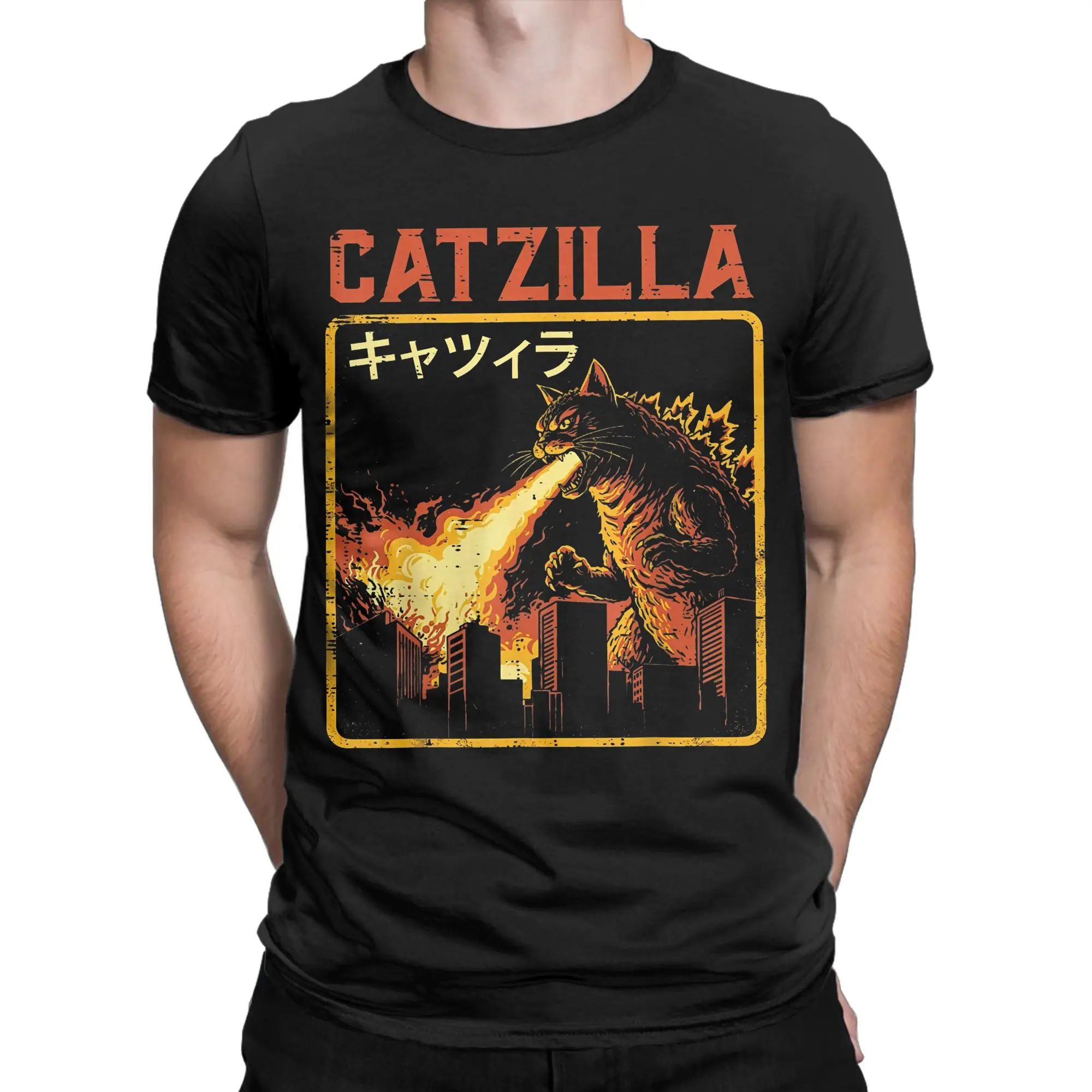 Catzilla Cat Monster Funny Japanese Parody Tshirts Men's Cotton Tops Shirts Priting  Round Neck Short Sleeve