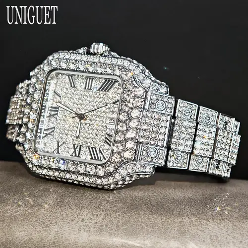 Imagen 2 del producto UNIGUET, gran oferta, Reloj helado de lujo para Hombre, relojes cuadrados a la moda, Reloj de pulsera con joyería ostentosa de diamantes de Hip Hop para Hombre, Reloj para Hombre