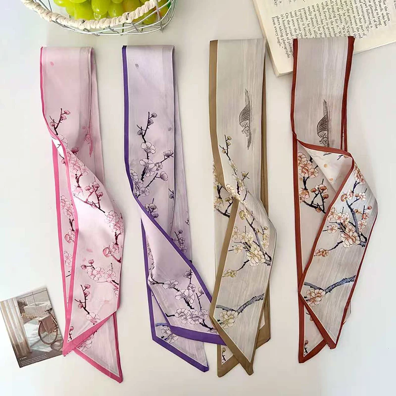 2026 New Arrival Women Plum Blossom Print Skinny Satin Scarf Elegant Hair Bandana Neck Scarves Bag Handle Ribbon Spring Summer