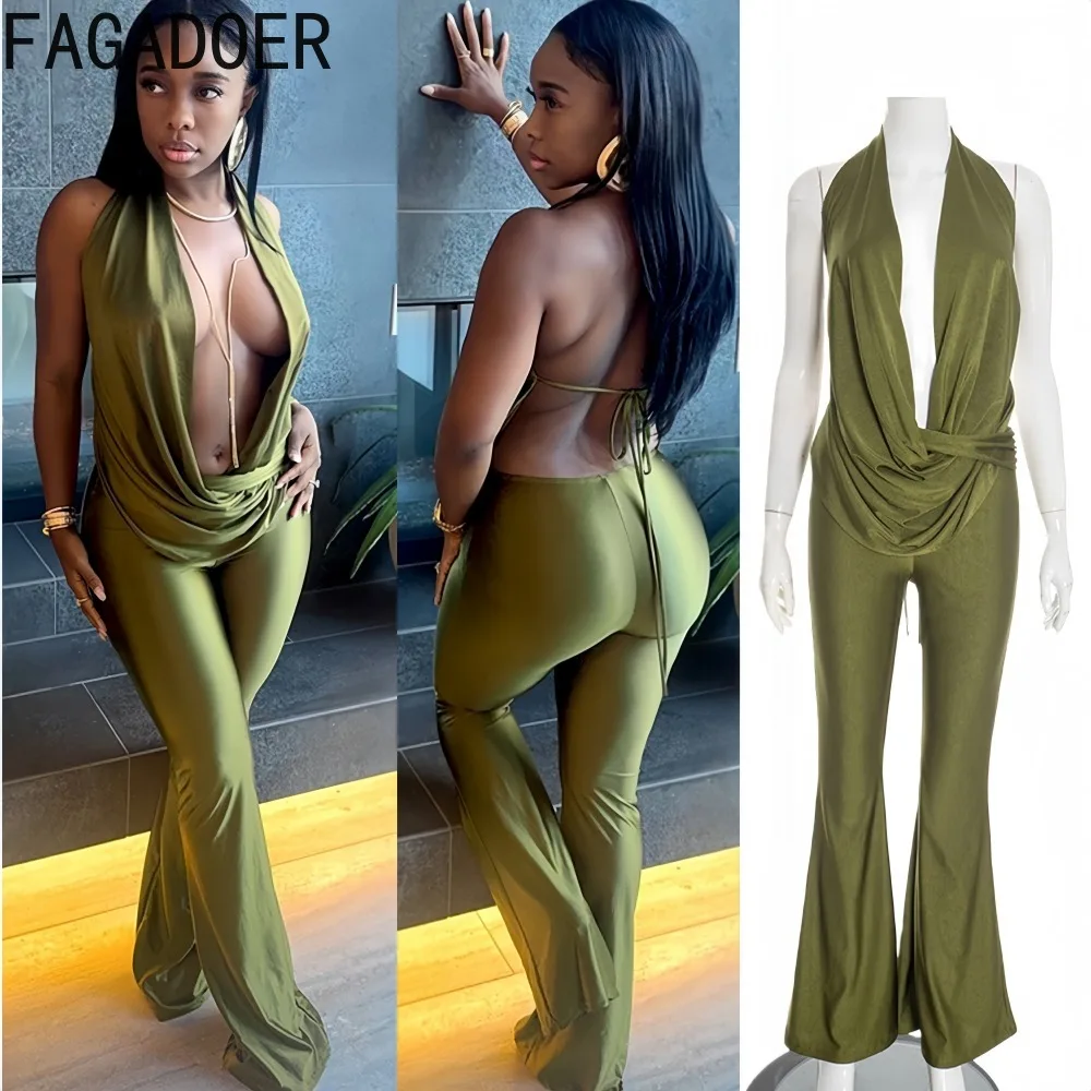 

FAGADOER Sexy Ruched Patchwork Bodycon Jumpsuits Women Halter Deep V-neck Sleeveless Backless Rompers Female Streetwear Overalls