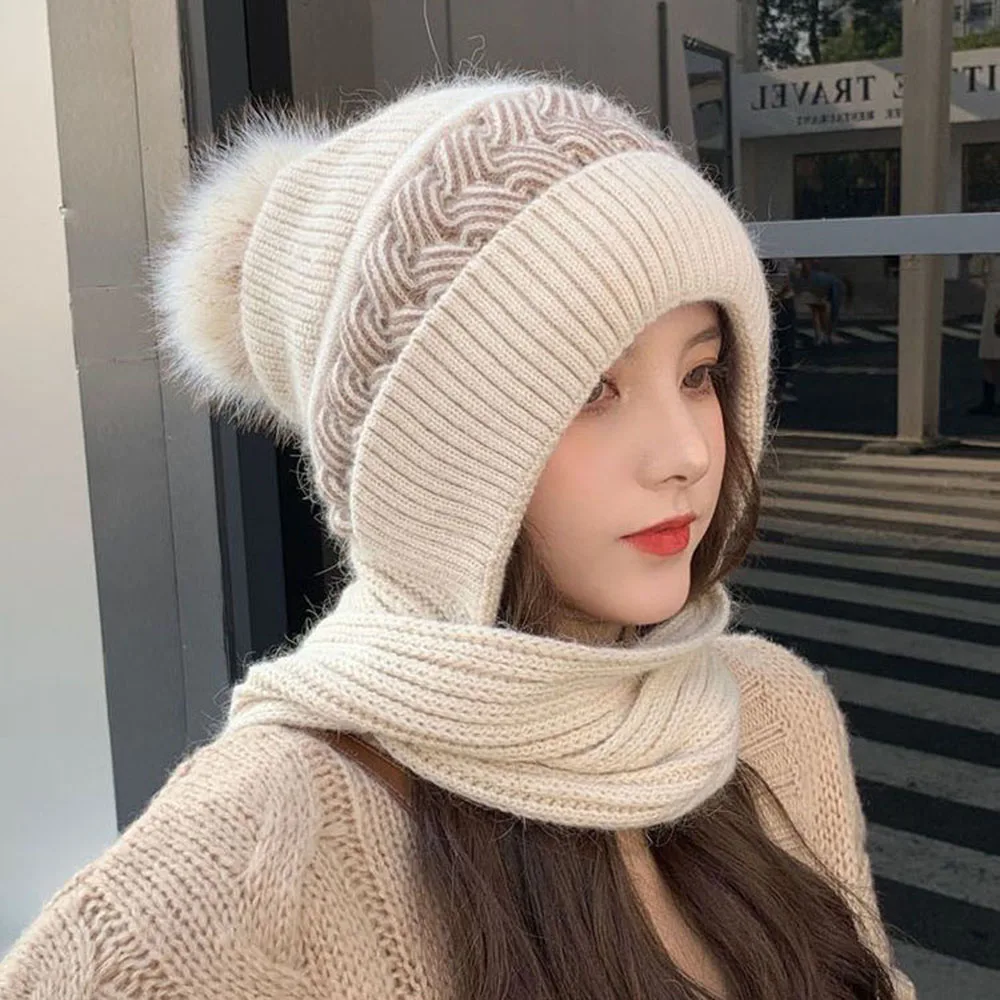 New Women's Woolen Hat Winter Plush Thick Scarf All-in-one Headband Cycling Warm Windproof Ear Protection Knitted Hat