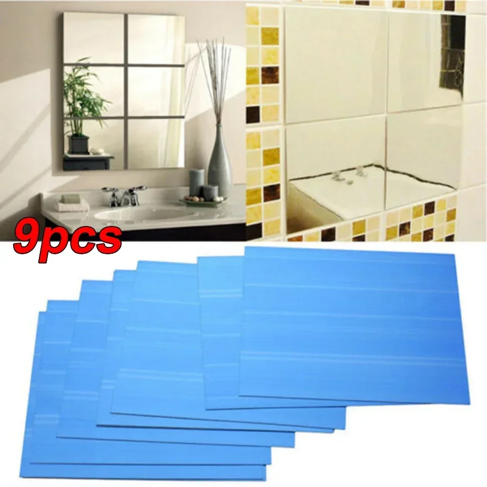 9Pcs 150*150*0.2mm Mirror Wall Sticker Acrylic Square Mirror Tile Wall Stickers Decal Home Living Room Decor