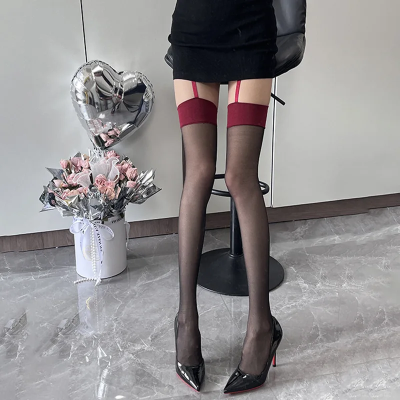 Sexy JK Red Edge over the Knee Black Stockings Leg Shaping Same Style Hot Girl Sling One-Piece Stockings for Women Thin