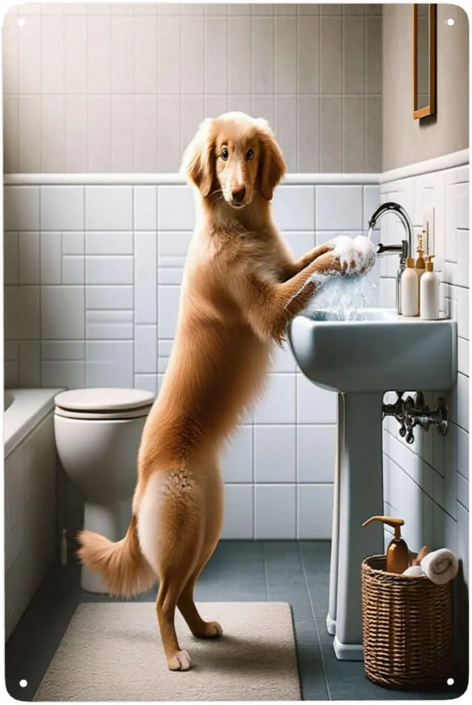 Golden Retriever's Handwashing Tutorial Charming Pet Hygiene Metal Tin Sign Wall Art for Bathroom Decor Whimsical signs Home