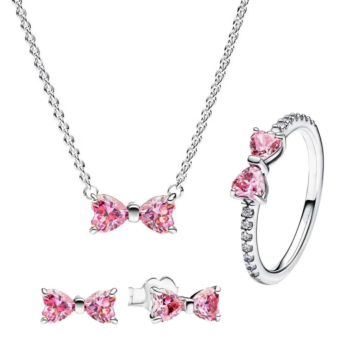 

Комплект ювелирных изделий из стерлингового серебра 925 пробы с розовым бантом, кольцо, серьги, браслет, ожерелье для женщин, подарок на день рождения