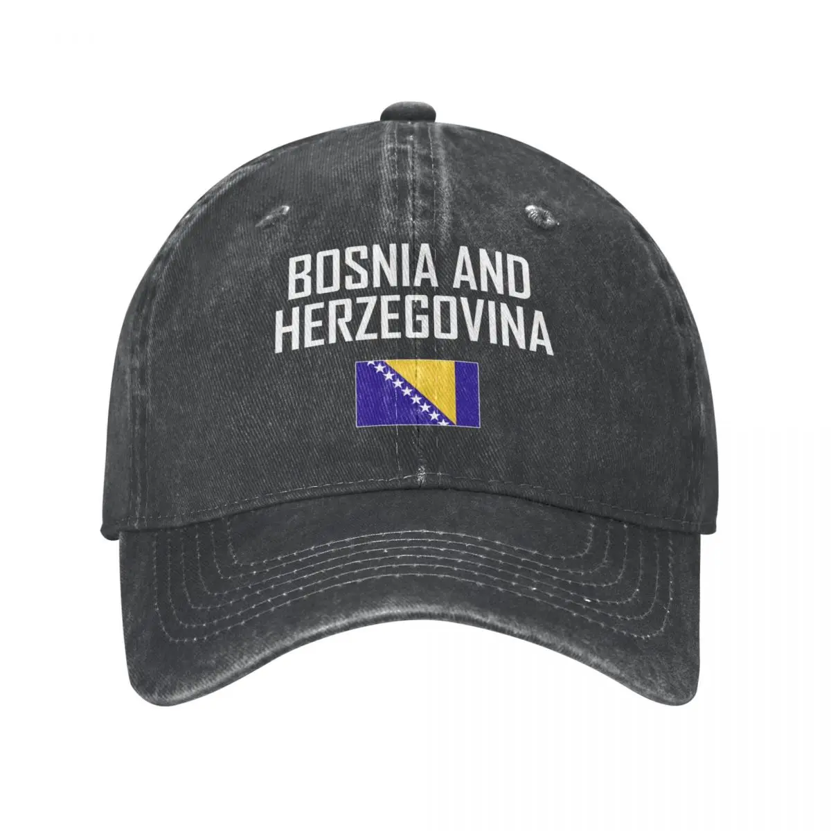 

Men Baseball Cap Bosnia And Herzegovina Flag And Font Charcoal Washed Denim Classic Vintage Cotton Dad Trucker Hat Unisex Adult