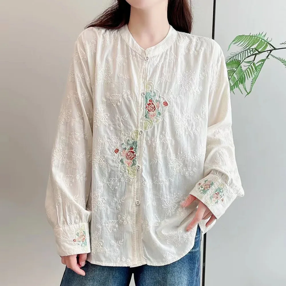 New Autumn Retro Cotton Shirt, Women Embroidery Long Sleeve O Neck, Mori Girl Loose Versatile Casual Blouse, Winter T40713CC