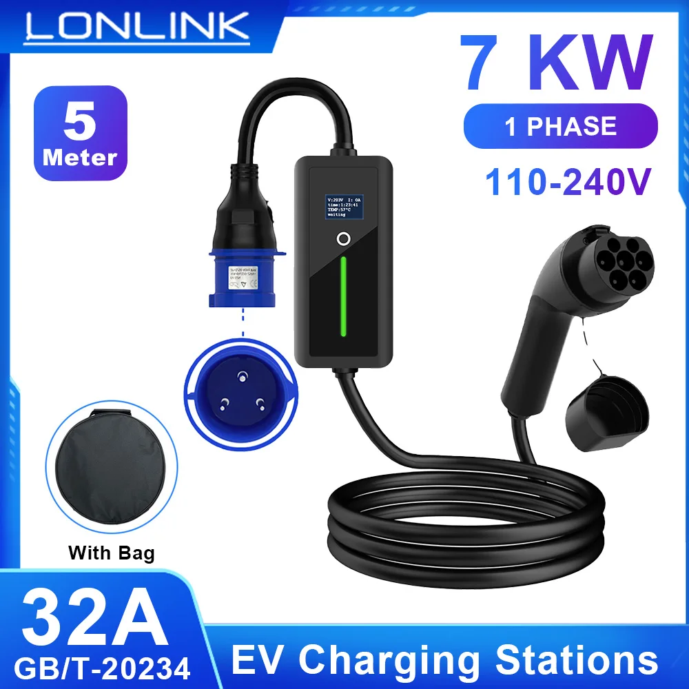 LONLINK 32A 7KW GBT Electric Vehicle Charging Station Portable GB/T-20234 1 Phase Electric Vehicle Charging Stations with Bag