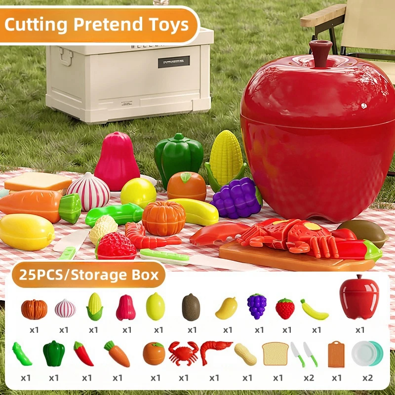 25-32pcs 어린이 시뮬레이션 장난감 두리안 애플 과일 컷 과일 소녀 장난감 척 놀이 주방 게임 파티 애플 상자 소녀 게임