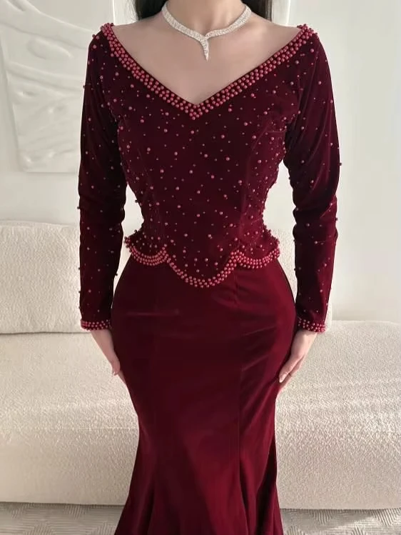 المرأة سليم صالح مخصص حورية البحر طويلة الأكمام الخامس الرقبة مطوي المحدبة الشكل الاغراء فساتين السهرة الرسمية الطابق طول Bod