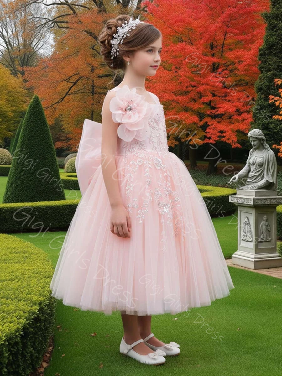 Tea-Length Girls Flower Girl Dress for Wedding with Ruffled Bow Beaded Lace Straps Princess Pageant Dress Custom Party Ball Gown