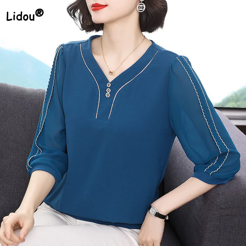 Elegant Casual V-Neck 3/4 Sleeve Chiffon Shirt Summer Women\'s Clothing Simplicity Loose Fashionable Solid Color Button Blouse