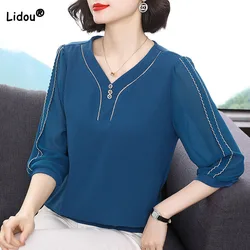 Elegant Casual V-Neck 3/4 Sleeve Chiffon Shirt Summer Women's Clothing Simplicity Loose Fashionable Solid Color Button Blouse