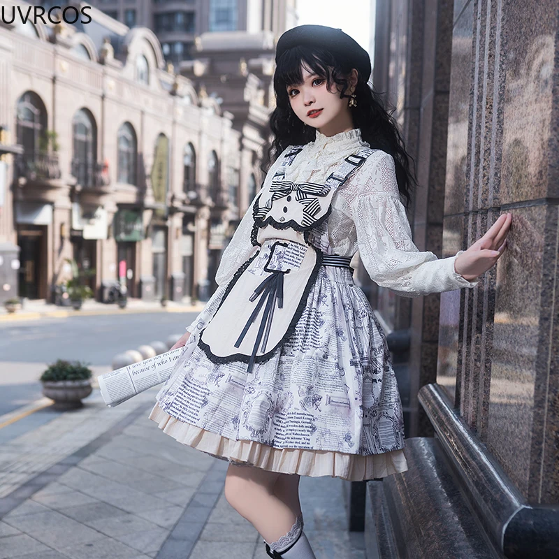 Victorian Gothic Lolita Jsk Dress Women Harajuku Y2k Stripe Bow Print Strap Dresses Punk Style Removable Apron Tea Party Dresses