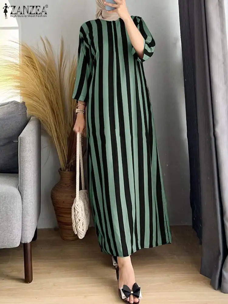 

ZANZEA Fashion Turkey Muslim Dress Woman O Neck 3/4 Sleeve Dresses Elegant Abaya Vestidos Female Vintage Party Sundress Oversize