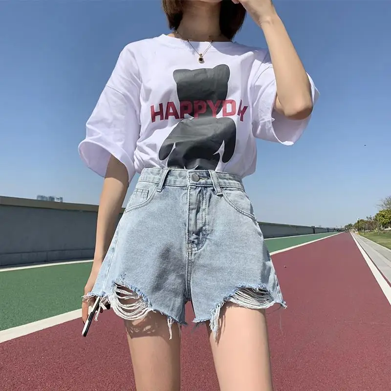 High Waist Summer Trend Patchwork Jeans Women Clothes Casual Buttons Irregular Shorts Femme Korean Pocket Denim Hole Tassel