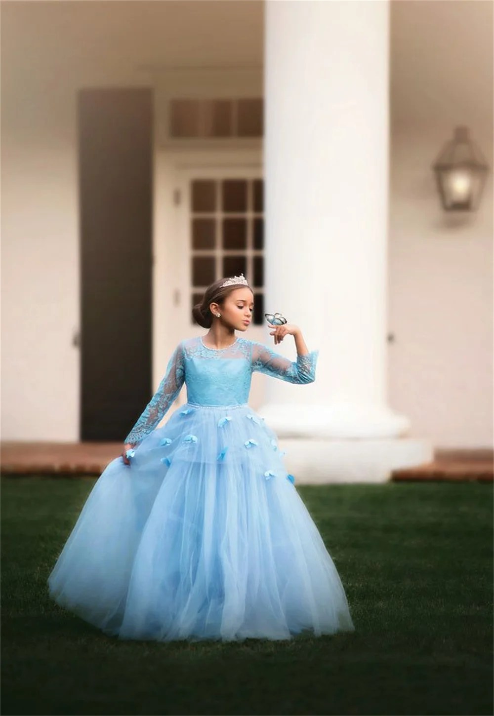 Vestido elegante azul claro de flores para niña, gasa de mariposa, corte en A, primera comunión, fiesta de cumpleaños, boda, evento Formal