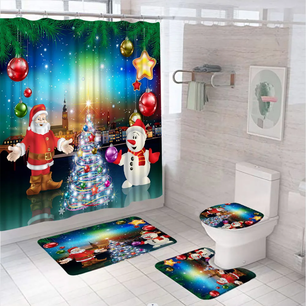 Cartoon Santa Claus Snowman Bathroom Sets Shower Curtain Rug Bath Mat Toilet Cover Xmas Tree Balls City Buildings Bath Curtains