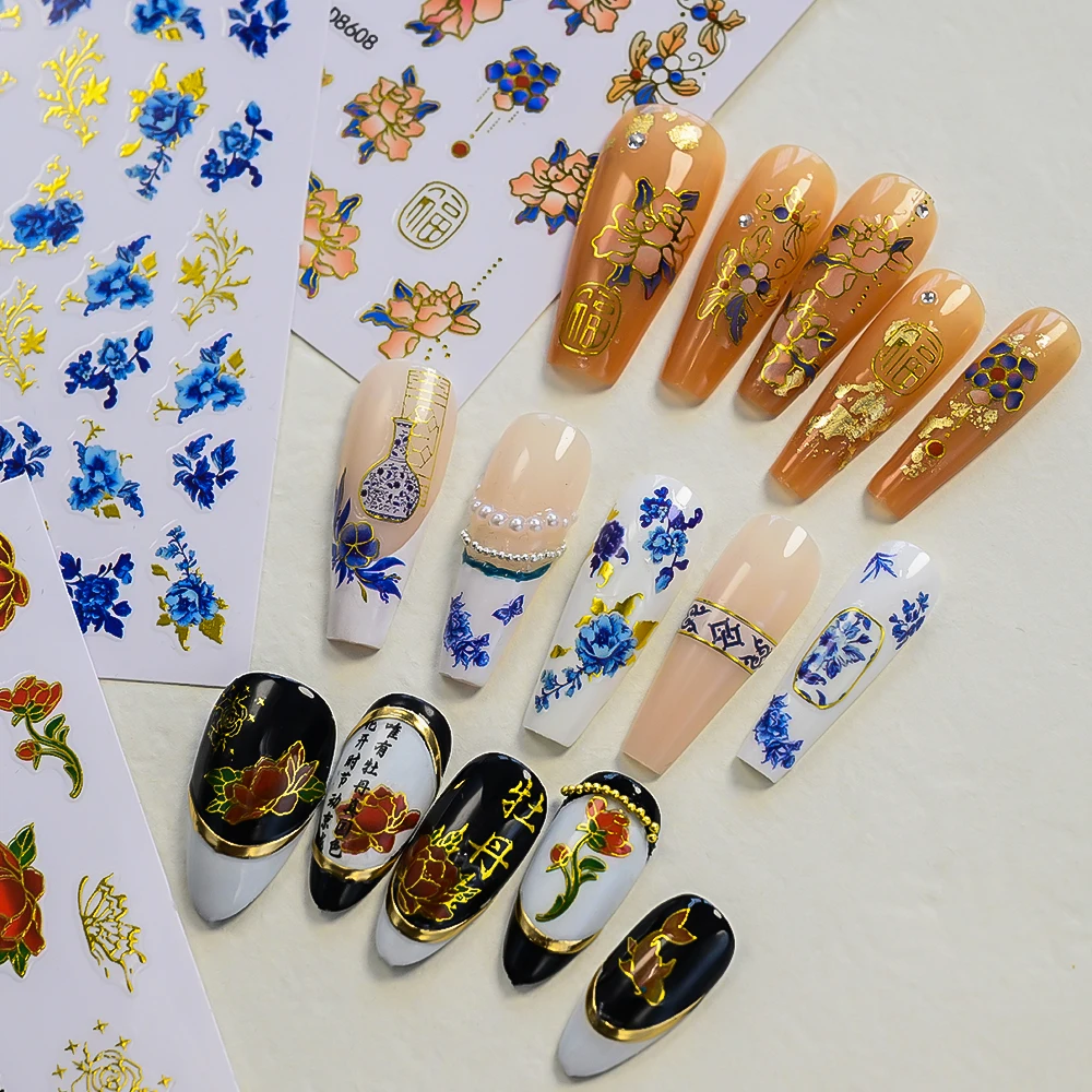 3D 중국 스타일 블루&화이트 도자기 네일 스티커 트렌디한 브론징 모란 잉어 캐릭터 네일 데칼 셀프 접착 네일 슬라이더
