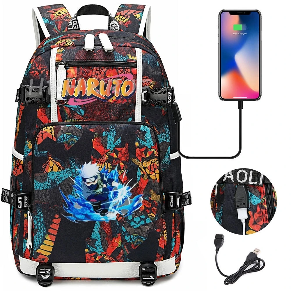 Mochila Uzumaki Naruto Uchiha Sasuke, mochila de camuflaje con USB, gran capacidad, para adolescentes, para ordenador portátil, para la escuela, suave, para exteriores, para senderismo, Mochila