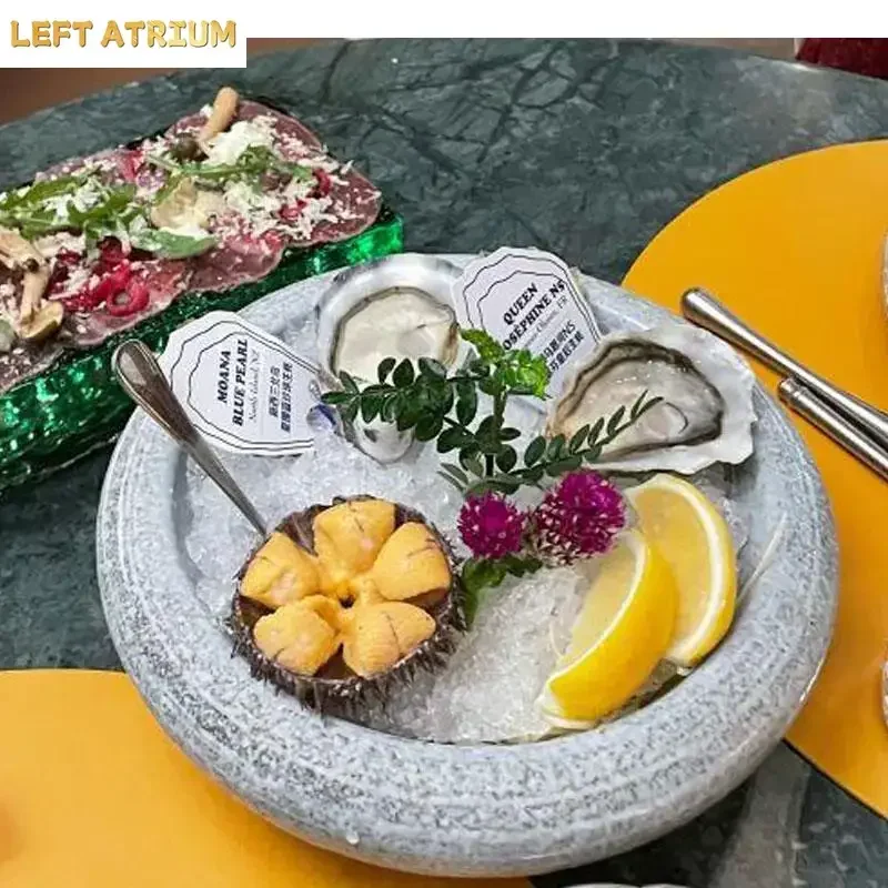 Imitation Stone Double Insulation Bowl Restaurant Dry Ice Sashimi Plate Ceramic Salad Dessert Tableware