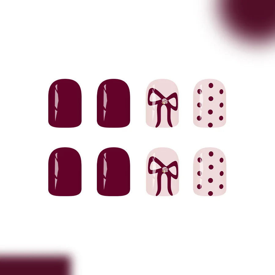 Faux ongles carrés courts à pression pour femmes, 24 pièces, points de vin rouge brillant, nœud à paillettes, mignon, doux, automne et hiver