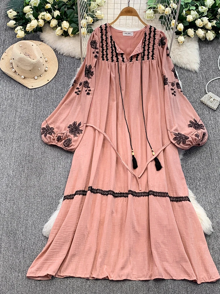 Frauen Kleid Herbst Böhmischen Vintage Französisch Spitze Blume Stickerei Oansatz Laterne Hülse Bandage Elegante Lange Vestidos DS205