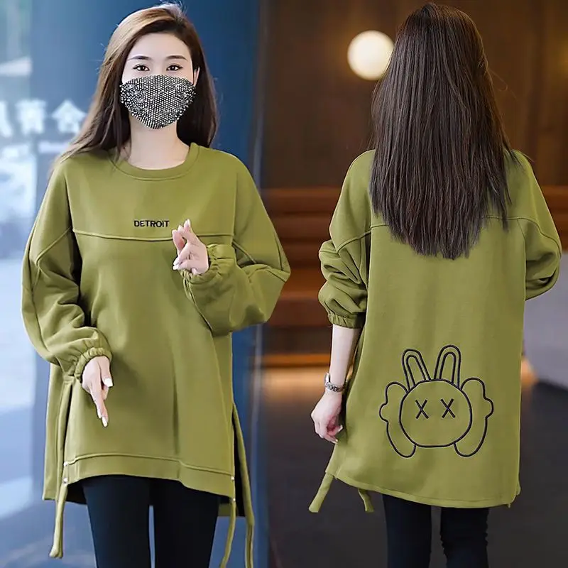 

2024 Spring Autumn Korean Version Round Neck Hoodies for Women Unique Mid Length Long Sleeved Sweatshirts Loose Trendy Tops