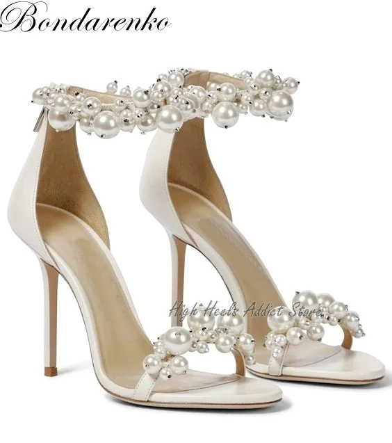 Stain Embellished Pearl Leather Sandals Women\'s Designer Shoes Nude Heels for Wedding Sandals Stiletto Heels Summer 2022 New