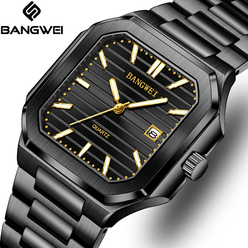 LIGE BANGWEI Unique Design Man Watch Square Fashion Waterproof Luminous Auto Date Stainless Steel Luxury Quartz Watches for Men