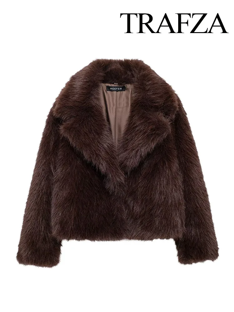 TRAFZA Women Winter Warm Coat Faux Fur Jackets Woman Elegant Brown Casual Loose Long Sleeves Buttons Turn-Down Collar Outerwear