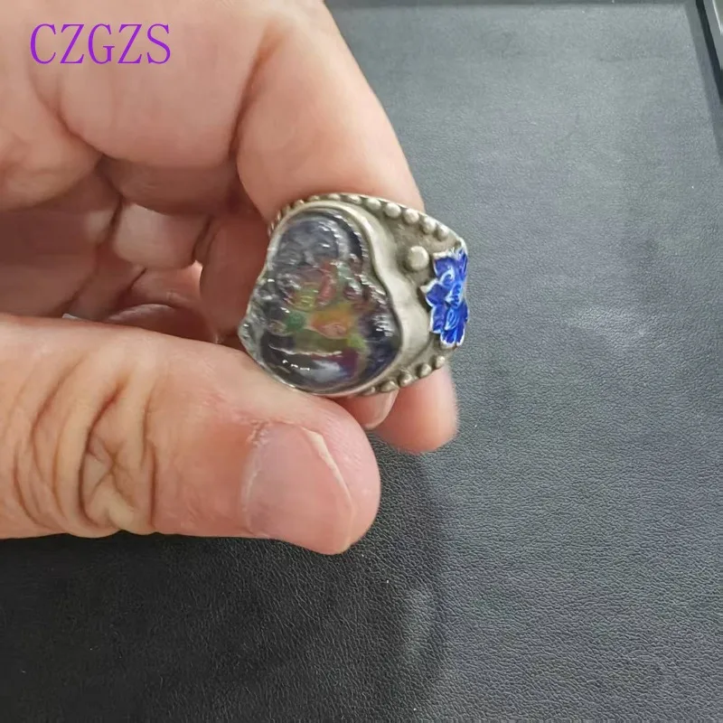 Vintage Oriental Cloisonne Enamel Ring Unisex Heart Shape Color Pattern Beaded Metal Ethnic Men Finger Jewelry