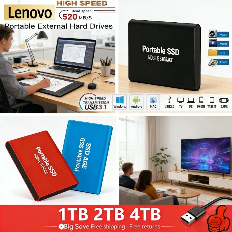 

Lenovo T5 Portable SSD Drive High Speed 2TB 4TB USB 3.1 External Solid State Mini Flash Disk For PS4 PS5 Xbox Gaming Storage