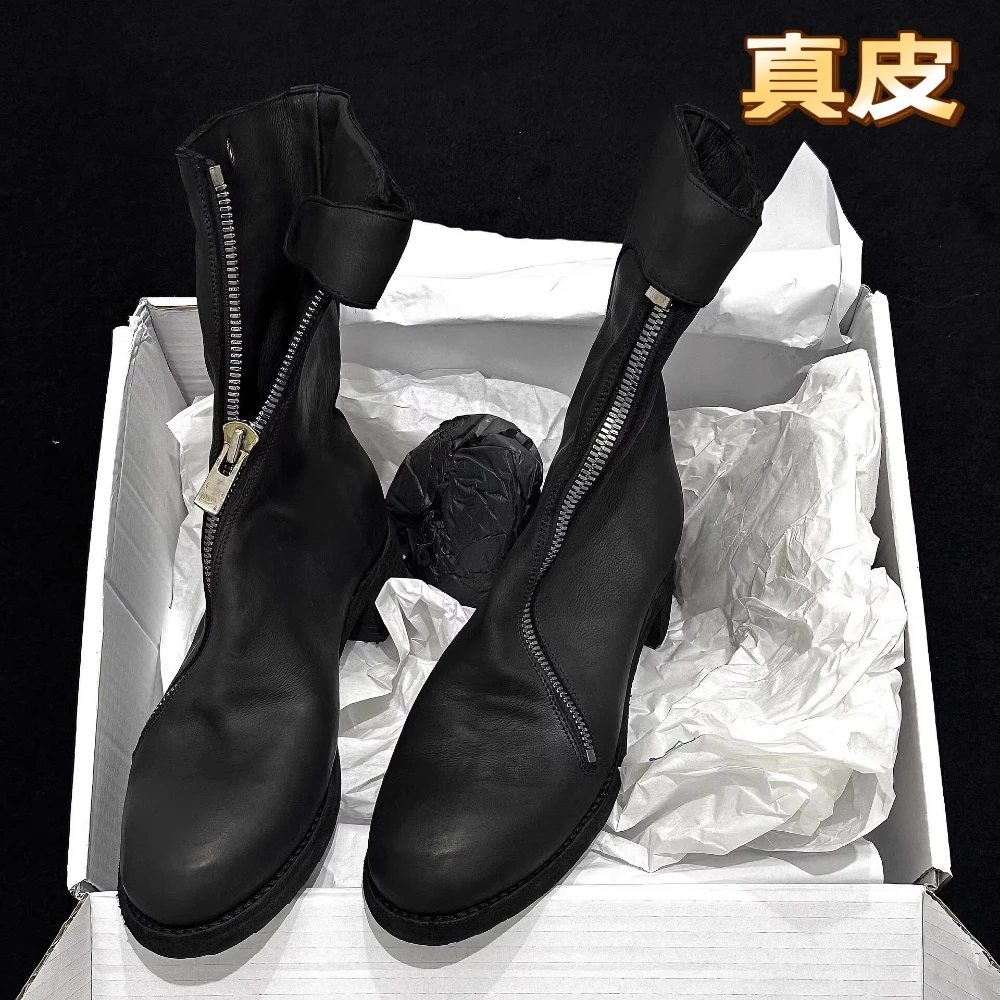 

Fashion Genuine Leather Chelsae Boots Front Zipper Black Mid-calf Square Heel Unisex Casual Versatile Slouch Short Boots